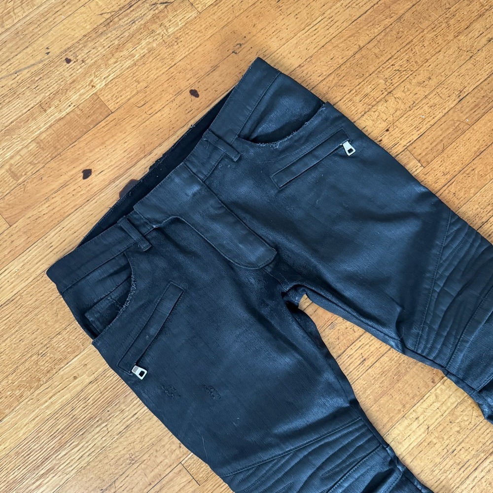 Balmain Biker Jeans Mens 32 Black Excellent Waxed Oliver Ribbed Moto Denim - Picture 2 of 5